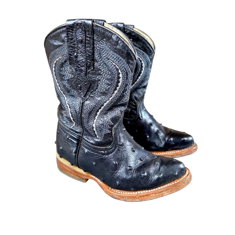 Espoloncito de Oro Ostrich Print Western Boots Black Leather Kids Size 15